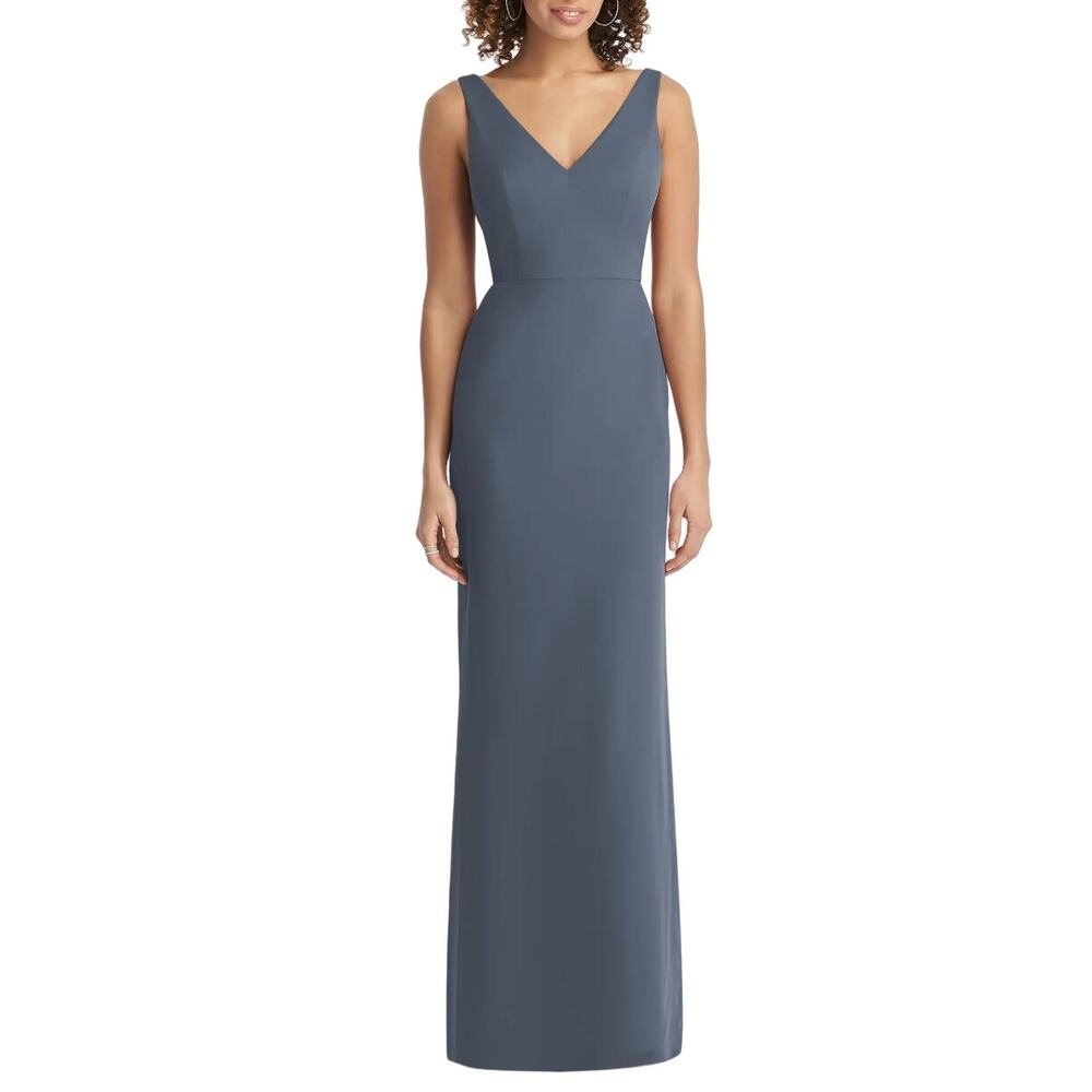 SOCIAL BRIDESMAIDS V-Neck Back Tie Chiffon Trumpet Gown Silverstone‎ 8194 6R NWT